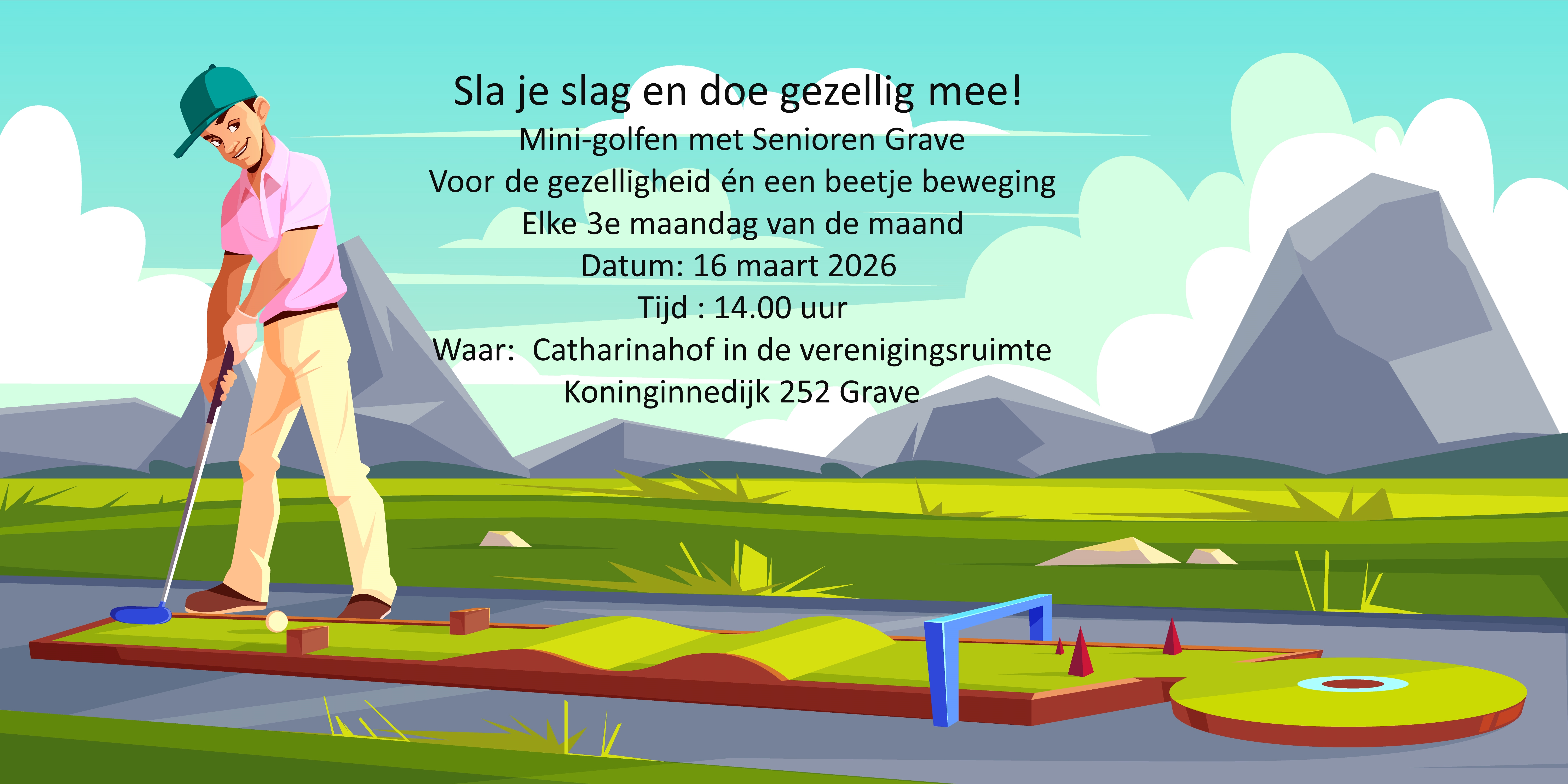 Vector background with man playing golf on green grass. Athlete in pink t-shirt, white trousers trains on a field. Outdoor sport, hobby or recreational activity. Sky and mountains on backgrounds.